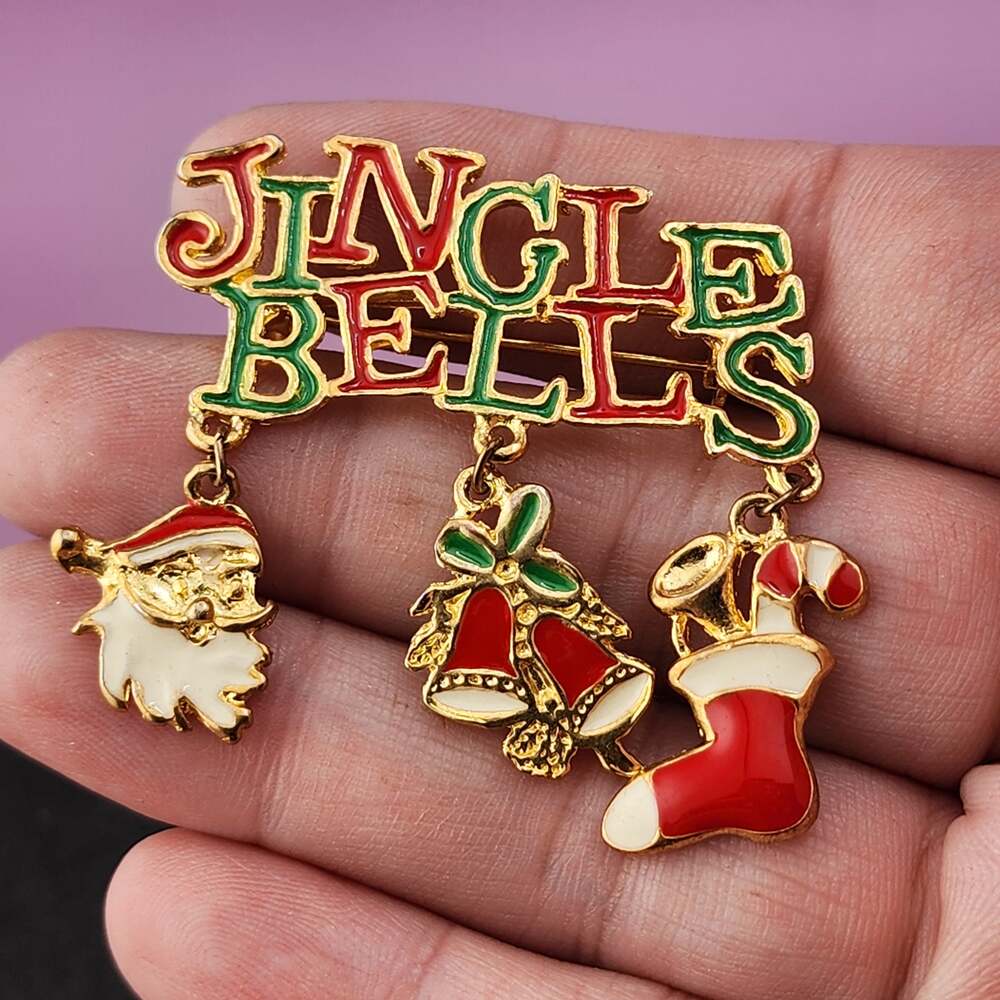 Vintage 90s Jingle Bells Brooch Santa Stocking Dangling Charms Christmas Pin